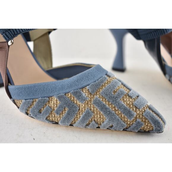 Fendi Colibri Lite 85 Blue Velvet Beige FF Logo Pointed Slingback Heel Pump 38.5 - Picture 6 of 14